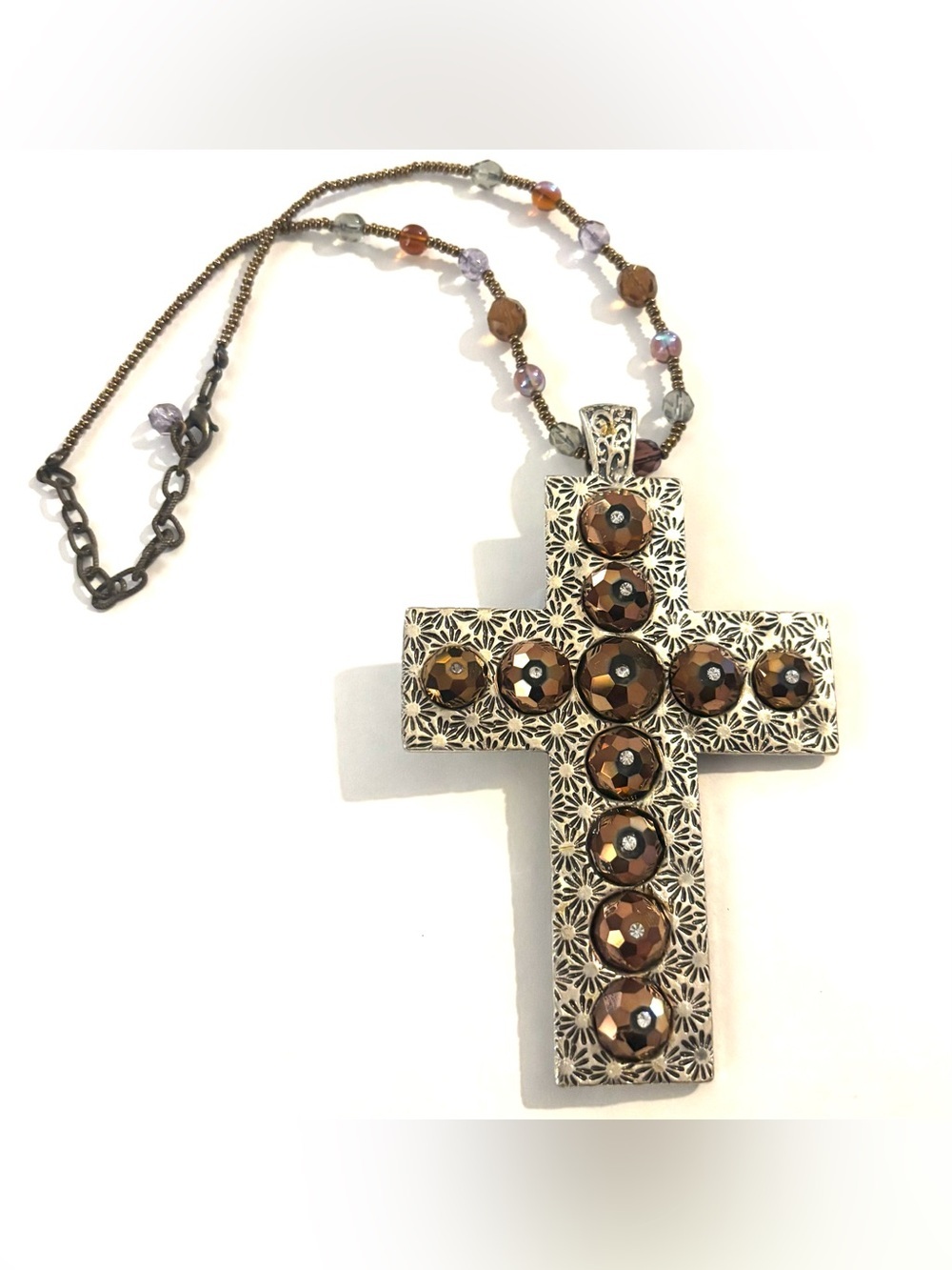 Ornate Cross Pendant Necklace with Faceted Brown Crystals